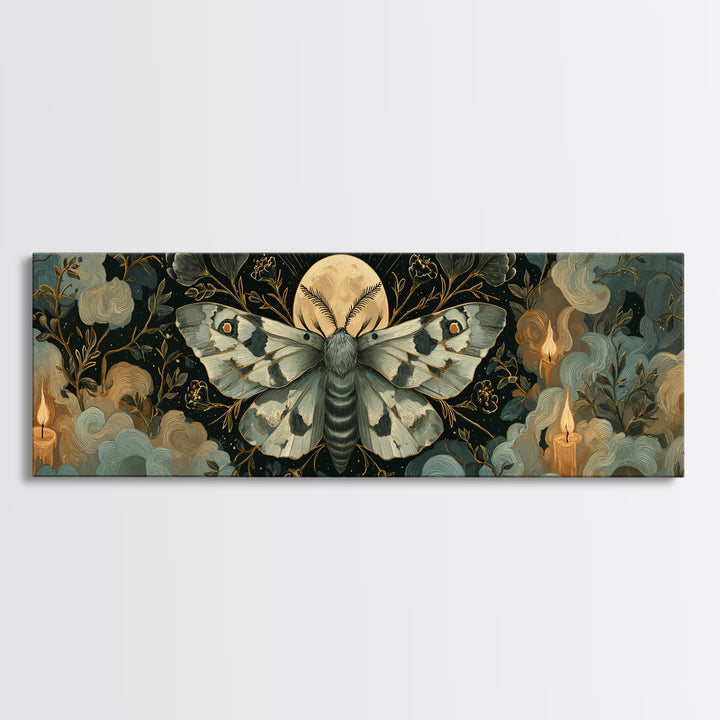 The Mourning Moth Halo - Surreal Celestial Vision, Gothic Home Decor, Extra Wide Wall Art, Canvas Print, Halloween Home Decor