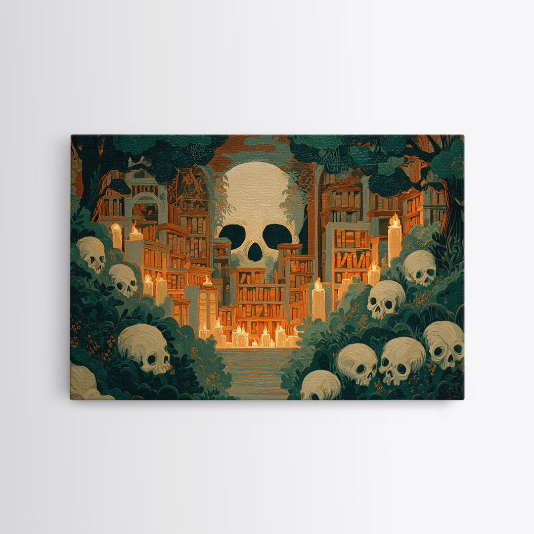 The Catacomb Library - Icon Portrait, Spooky Wall Decor, Landscape Wall Art, Framed Canvas Print, Halloween Home Decor, Gothic Wall Art
