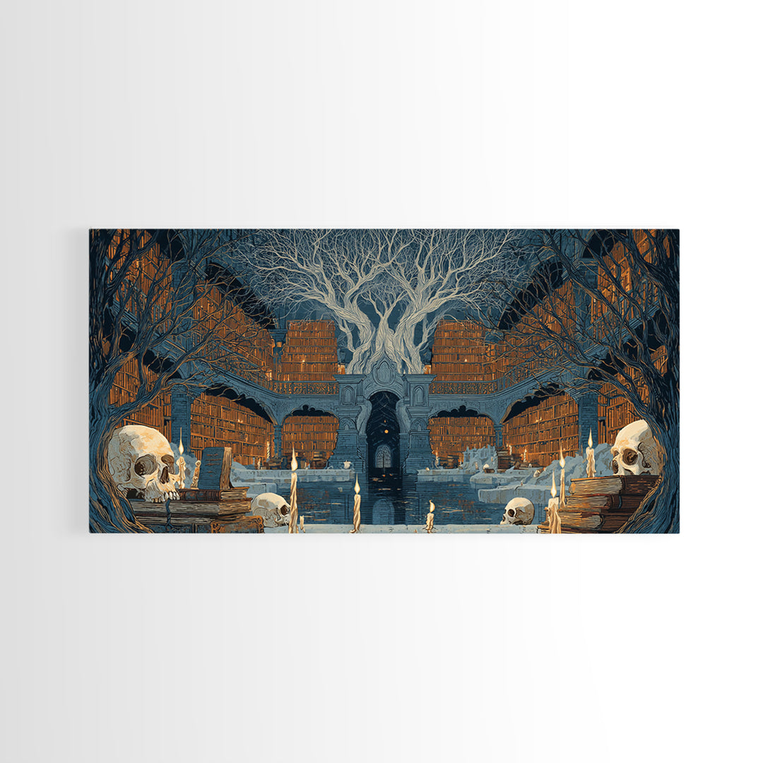 The Catacomb Library - Icon Portrait, Spooky Wall Decor, Wide Panoramic Art, Framed Canvas Print, Halloween Home Decor, Gothic Wall Art