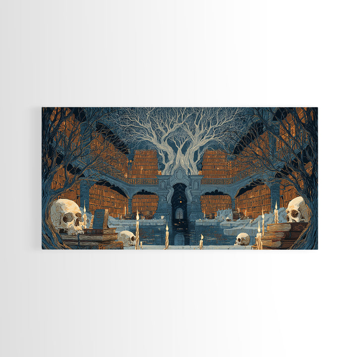 The Catacomb Library - Icon Portrait, Spooky Wall Decor, Wide Panoramic Art, Framed Canvas Print, Halloween Home Decor, Gothic Wall Art