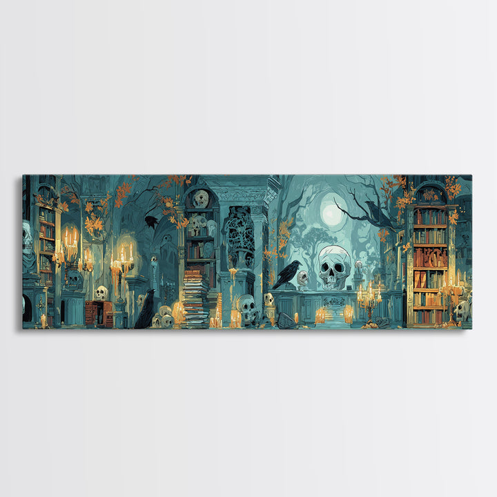 The Catacomb Library - Icon Portrait, Spooky Wall Decor, Extra Wide Wall Art, Framed Canvas Print, Halloween Home Decor, Gothic Wall Art