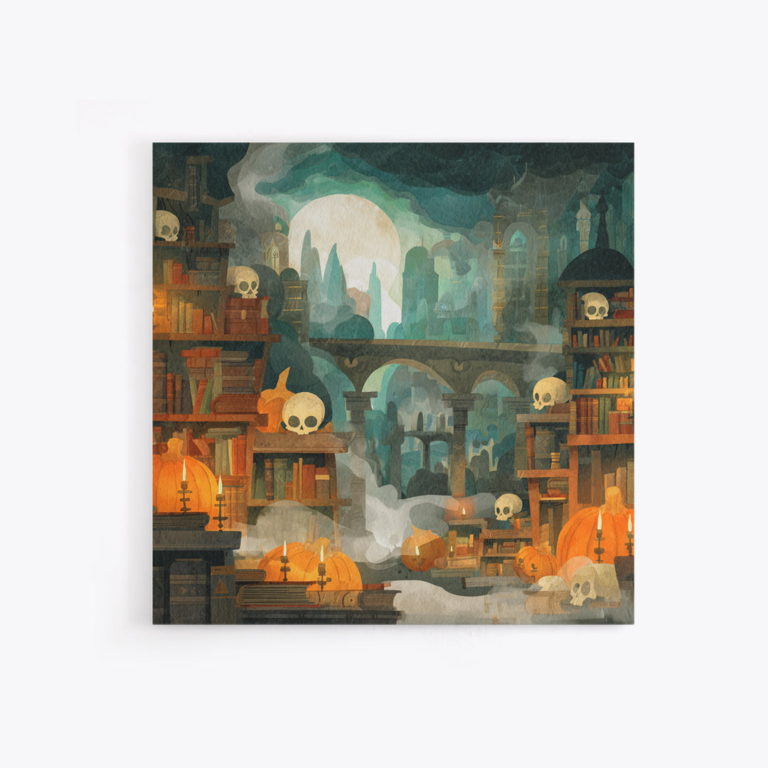 The Catacomb Library - Environmental Panorama, Macabre Halloween Art, Square Wall Art, Framed Canvas Print, Halloween Home Decor