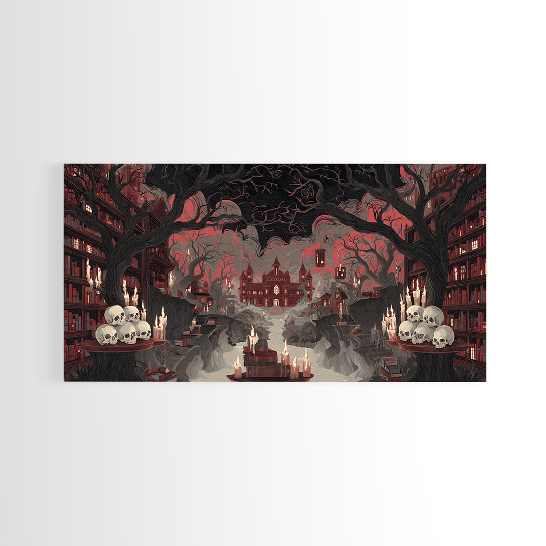The Catacomb Library - Environmental Panorama, Macabre Halloween Art, Wide Panoramic Art, Framed Canvas Print, Halloween Home Decor