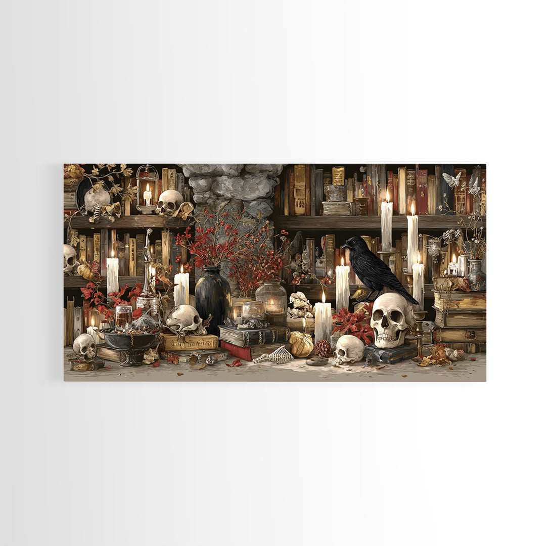 The Catacomb Library - Occult Still Life, Halloween Wall Art, Wide Panoramic Art, Framed Canvas Print, Halloween Home Decor, Gothic Wall Art