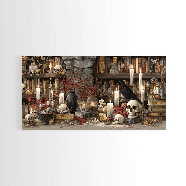 The Catacomb Library - Occult Still Life, Halloween Wall Art, Wide Panoramic Art, Framed Canvas Print, Halloween Home Decor, Gothic Wall Art