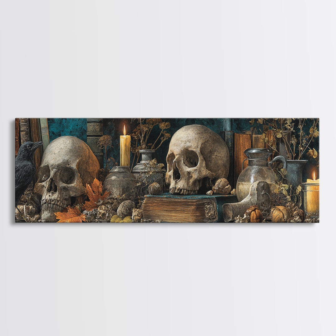 The Catacomb Library - Occult Still Life, Occult Wall Decor, Extra Wide Wall Art, Canvas Print, Halloween Home Decor, Gothic Wall Art