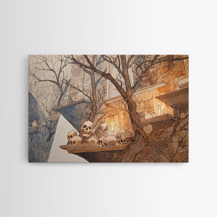 The Catacomb Library - Procession Scene, Spooky Wall Decor, Landscape Wall Art, Framed Canvas Print, Halloween Home Decor, Gothic Wall Art
