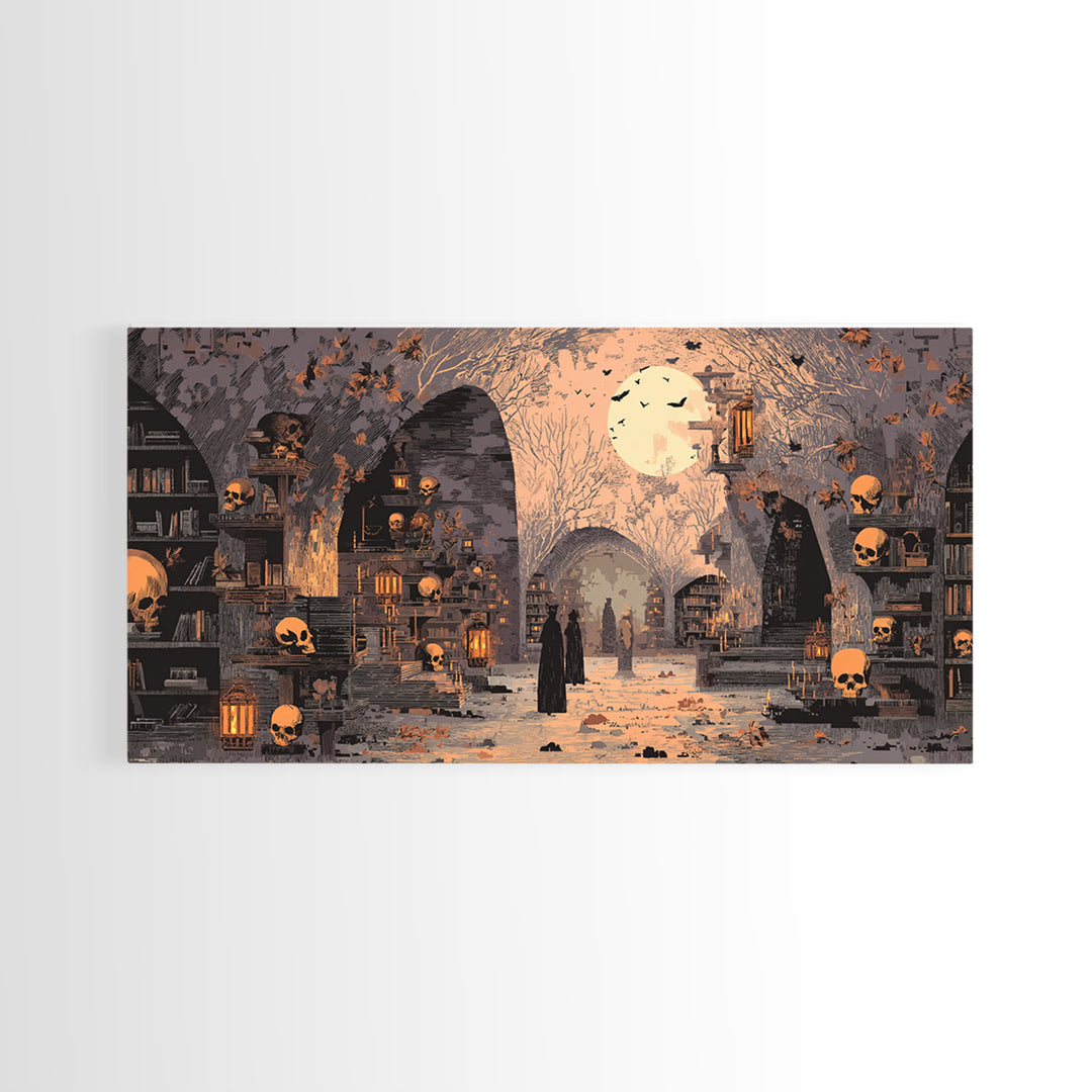 The Catacomb Library - Procession Scene, Occult Wall Decor, Wide Panoramic Art, Canvas Print, Halloween Home Decor, Gothic Wall Art