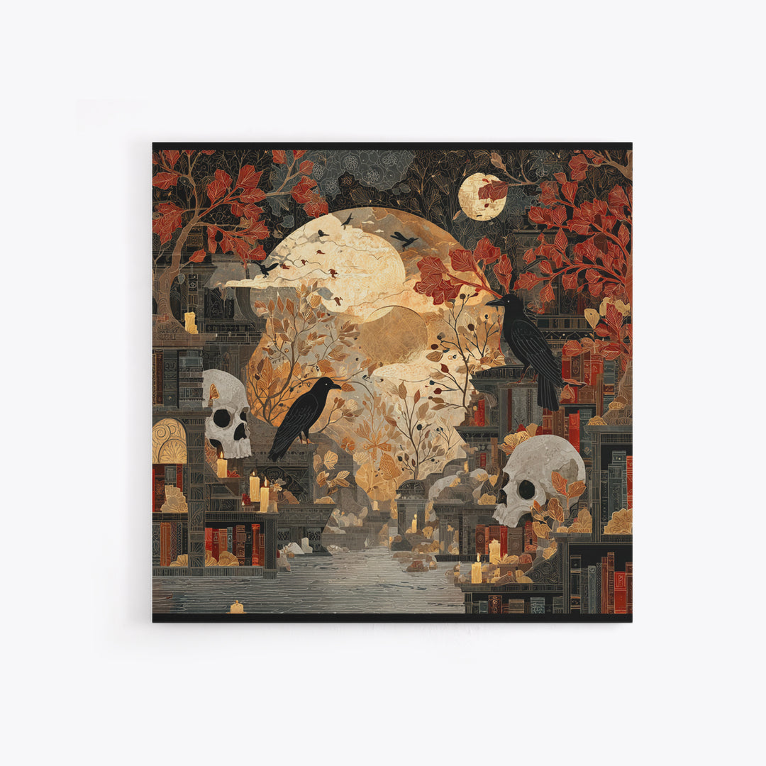 The Catacomb Library - Surreal Celestial Vision, Macabre Halloween Art, Square Wall Art, Framed Canvas Print, Halloween Home Decor