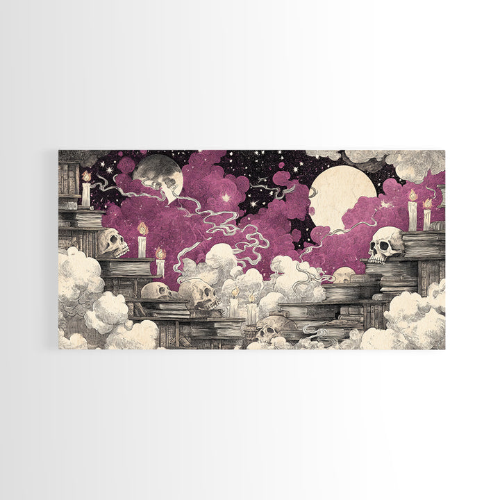 The Catacomb Library - Surreal Celestial Vision, Halloween Wall Art, Wide Panoramic Art, Framed Canvas Print, Halloween Home Decor