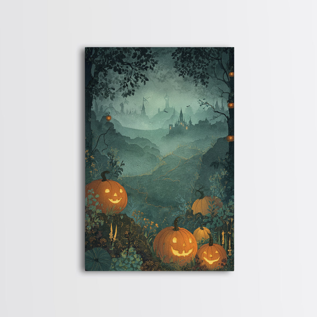 The Jack-O-Lantern Crown Jewels - Environmental Panorama, Spooky Wall Decor, Vertical Wall Art, Framed Canvas Print, Halloween Home Decor