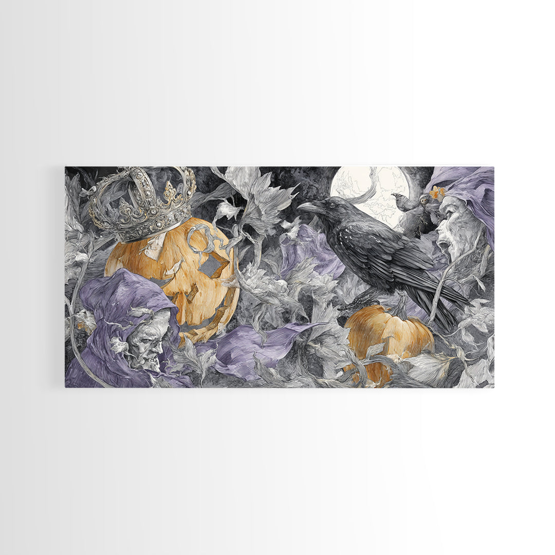 The Jack-O-Lantern Crown Jewels - Procession Scene, Spooky Wall Decor, Wide Panoramic Art, Framed Canvas Print, Halloween Home Decor