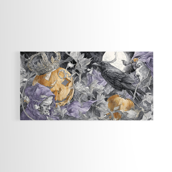 The Jack-O-Lantern Crown Jewels - Procession Scene, Spooky Wall Decor, Wide Panoramic Art, Framed Canvas Print, Halloween Home Decor
