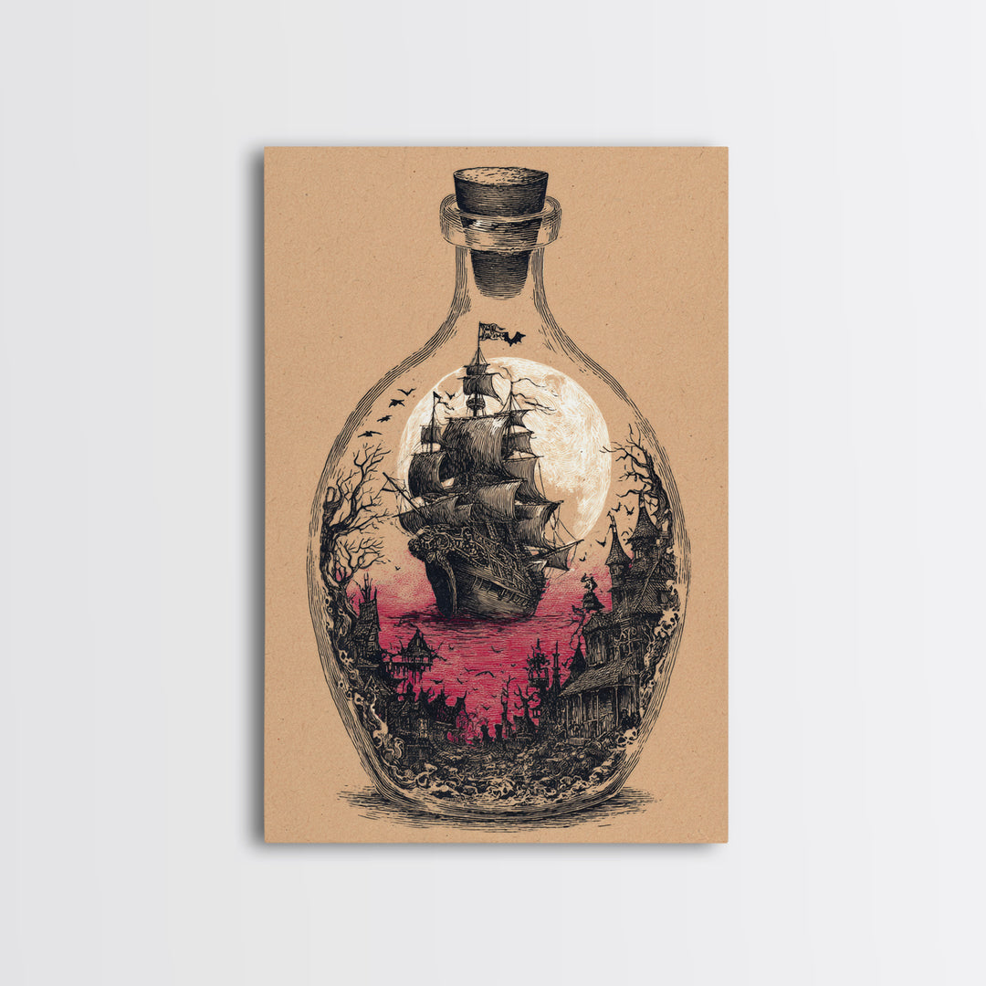 The Ghost Ship In A Bottle - Icon Portrait, Spooky Wall Decor, Vertical Wall Art, Framed Canvas Print, Halloween Home Decor, Gothic Wall Art