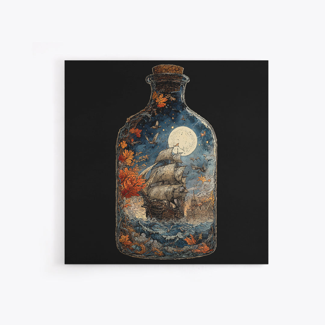 The Ghost Ship In A Bottle - Icon Portrait, Macabre Halloween Art, Square Wall Art, Framed Canvas Print, Halloween Home Decor