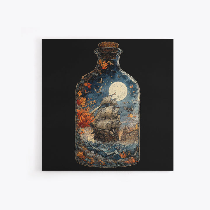 The Ghost Ship In A Bottle - Icon Portrait, Macabre Halloween Art, Square Wall Art, Framed Canvas Print, Halloween Home Decor