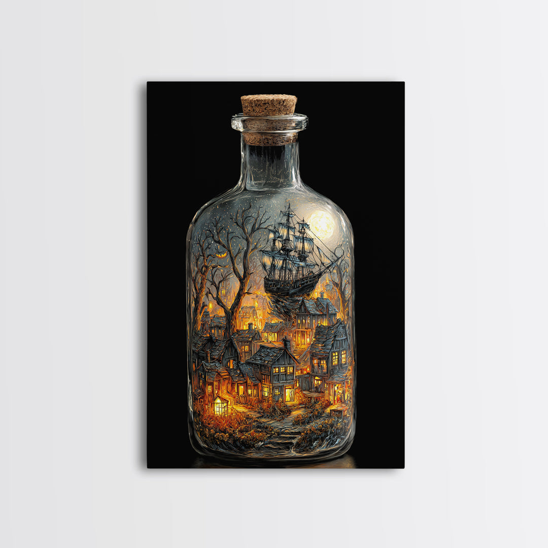 The Ghost Ship In A Bottle - Environmental Panorama, Macabre Halloween Art, Vertical Wall Art, Framed Canvas Print, Halloween Home Decor