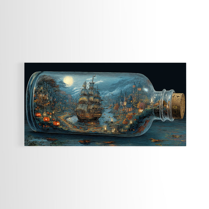 The Ghost Ship In A Bottle - Environmental Panorama, Gothic Home Decor, Wide Panoramic Art, Canvas Print, Halloween Home Decor