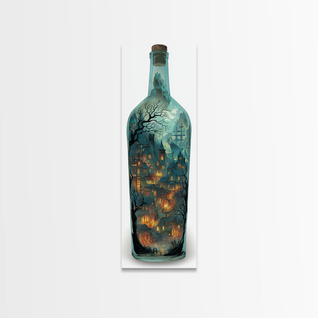 The Ghost Ship In A Bottle - Environmental Panorama, Spooky Wall Decor, Tall Narrow Wall Art, Framed Canvas Print, Halloween Home Decor