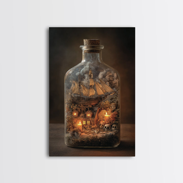 The Ghost Ship In A Bottle - Occult Still Life, Dark Fantasy Wall Art, Vertical Wall Art, Canvas Print, Halloween Home Decor