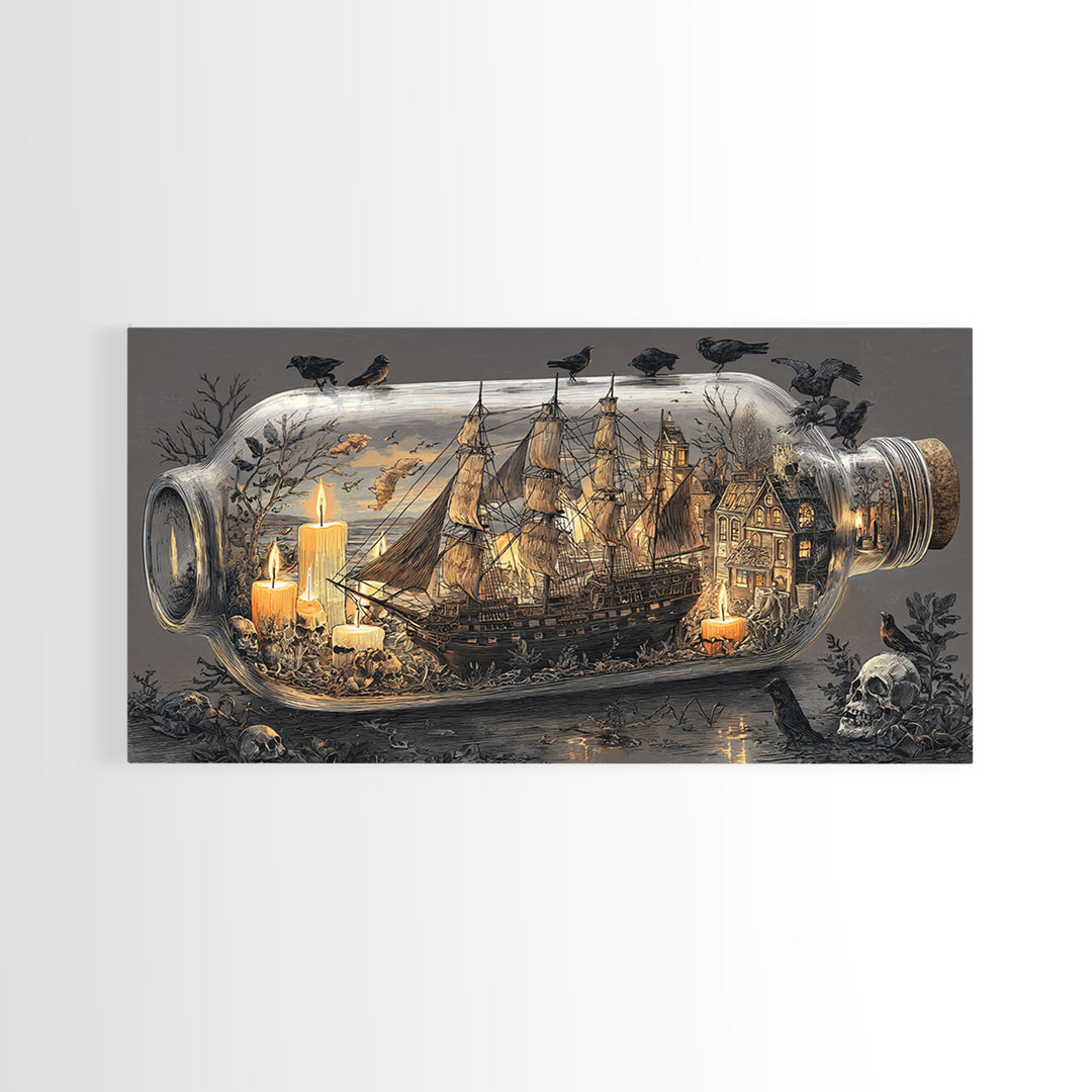The Ghost Ship In A Bottle - Occult Still Life, Spooky Wall Decor, Wide Panoramic Art, Framed Canvas Print, Halloween Home Decor