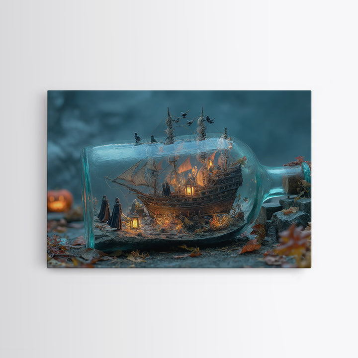 The Ghost Ship In A Bottle - Procession Scene, Dark Fantasy Wall Art, Landscape Wall Art, Canvas Print, Halloween Home Decor