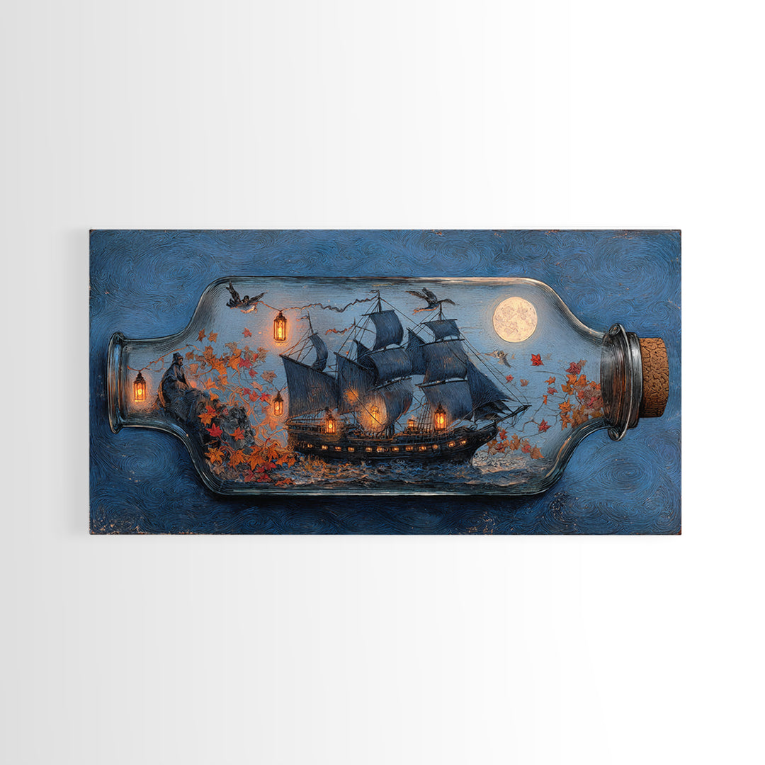 The Ghost Ship In A Bottle - Procession Scene, Occult Wall Decor, Wide Panoramic Art, Canvas Print, Halloween Home Decor, Gothic Wall Art