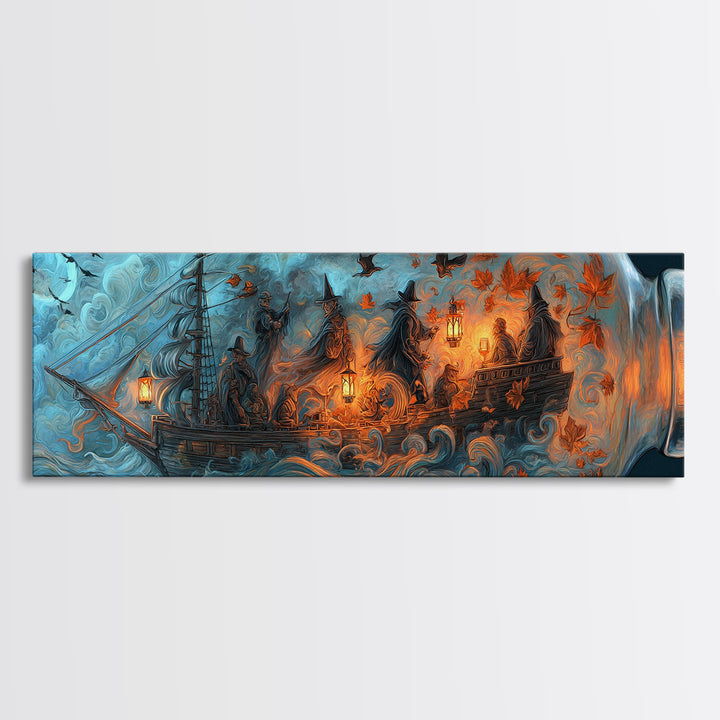 The Ghost Ship In A Bottle - Procession Scene, Halloween Wall Art, Extra Wide Wall Art, Framed Canvas Print, Halloween Home Decor