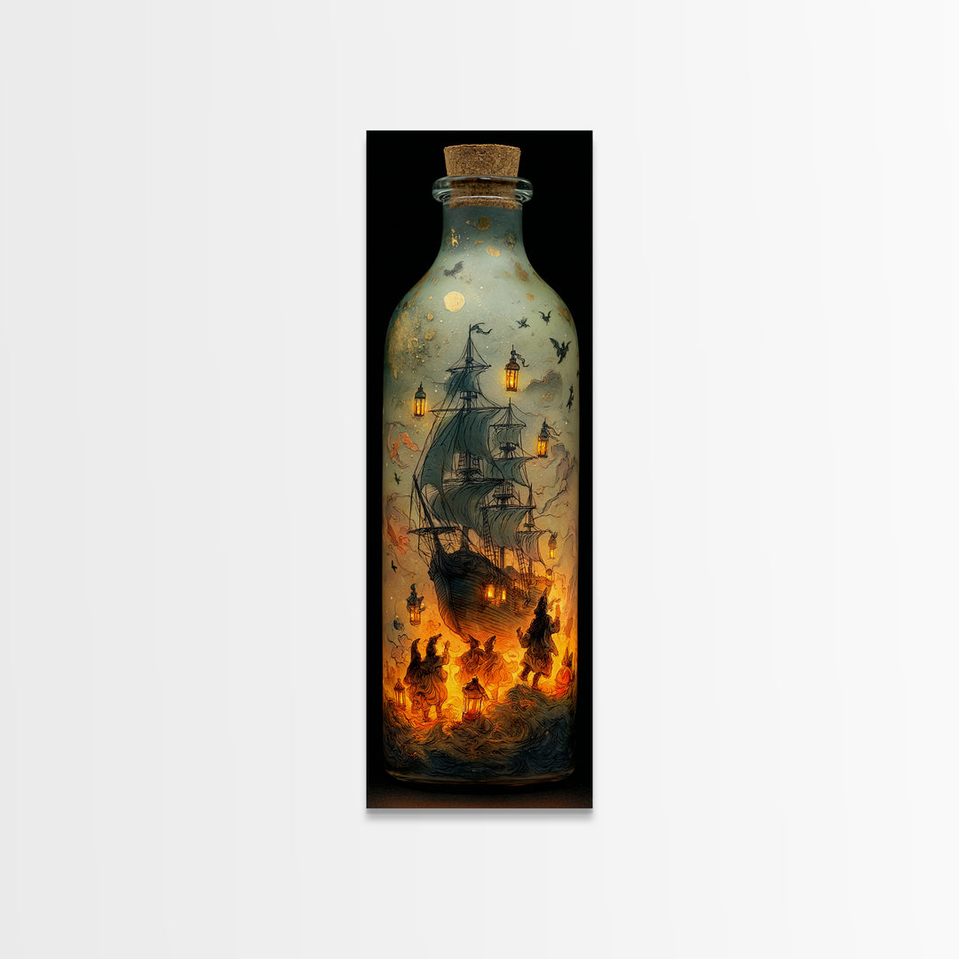 The Ghost Ship In A Bottle - Procession Scene, Gothic Home Decor, Tall Narrow Wall Art, Canvas Print, Halloween Home Decor, Gothic Wall Art