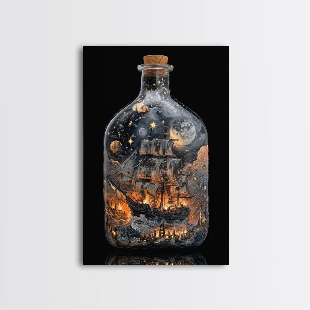 The Ghost Ship In A Bottle - Surreal Celestial Vision, Spooky Wall Decor, Vertical Wall Art, Framed Canvas Print, Halloween Home Decor