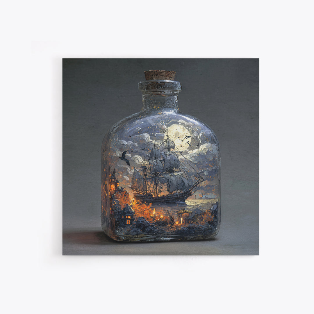 The Ghost Ship In A Bottle - Surreal Celestial Vision, Gothic Home Decor, Square Wall Art, Canvas Print, Halloween Home Decor