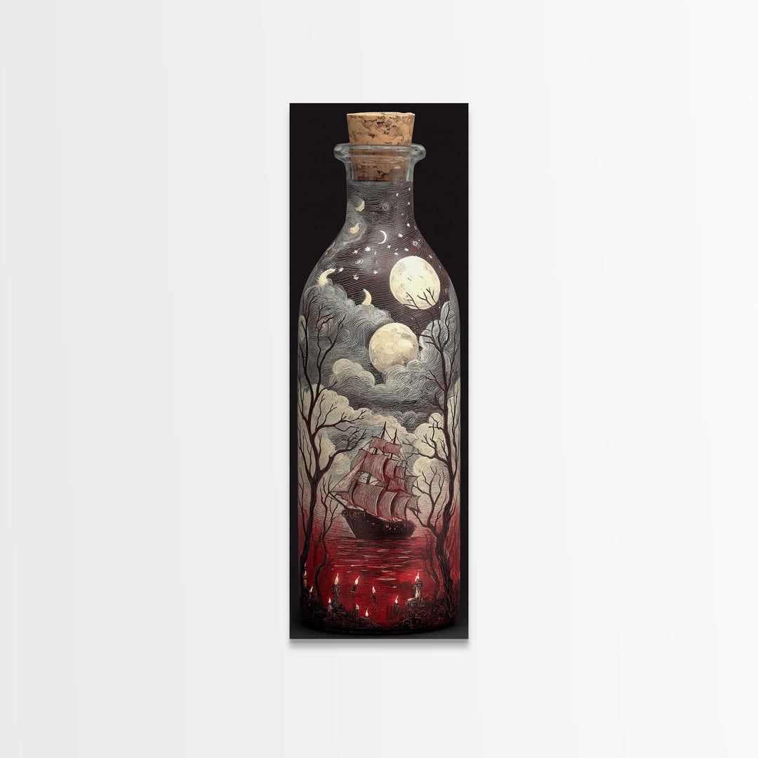 The Ghost Ship In A Bottle - Surreal Celestial Vision, Halloween Wall Art, Tall Narrow Wall Art, Framed Canvas Print, Halloween Home Decor