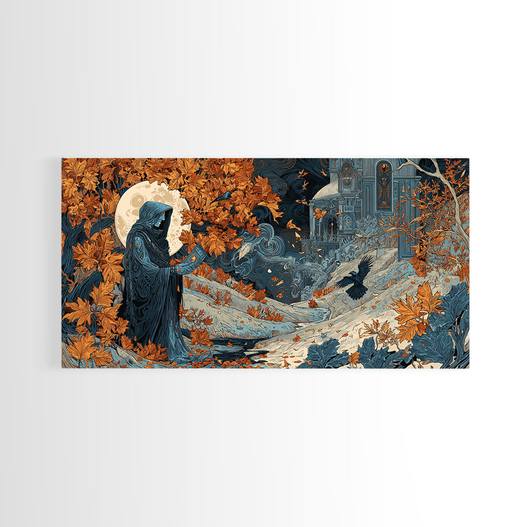 The Harvest Moon Tarot Reader - Environmental Panorama, Dark Fantasy Wall Art, Wide Panoramic Art, Canvas Print, Halloween Home Decor