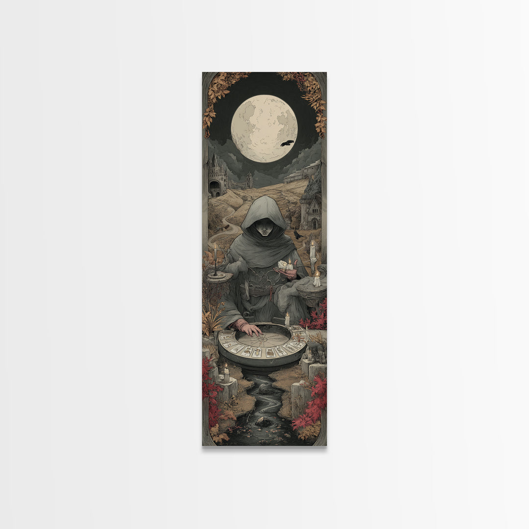 The Harvest Moon Tarot Reader - Environmental Panorama, Dark Fantasy Wall Art, Tall Narrow Wall Art, Canvas Print, Halloween Home Decor
