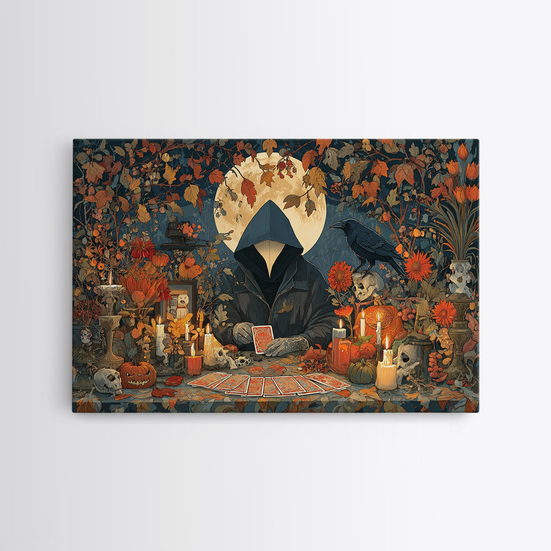 The Harvest Moon Tarot Reader - Occult Still Life, Occult Wall Decor, Landscape Wall Art, Canvas Print, Halloween Home Decor