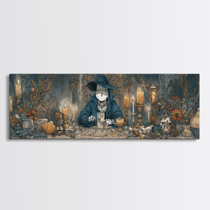 The Harvest Moon Tarot Reader - Occult Still Life, Spooky Wall Decor, Extra Wide Wall Art, Framed Canvas Print, Halloween Home Decor