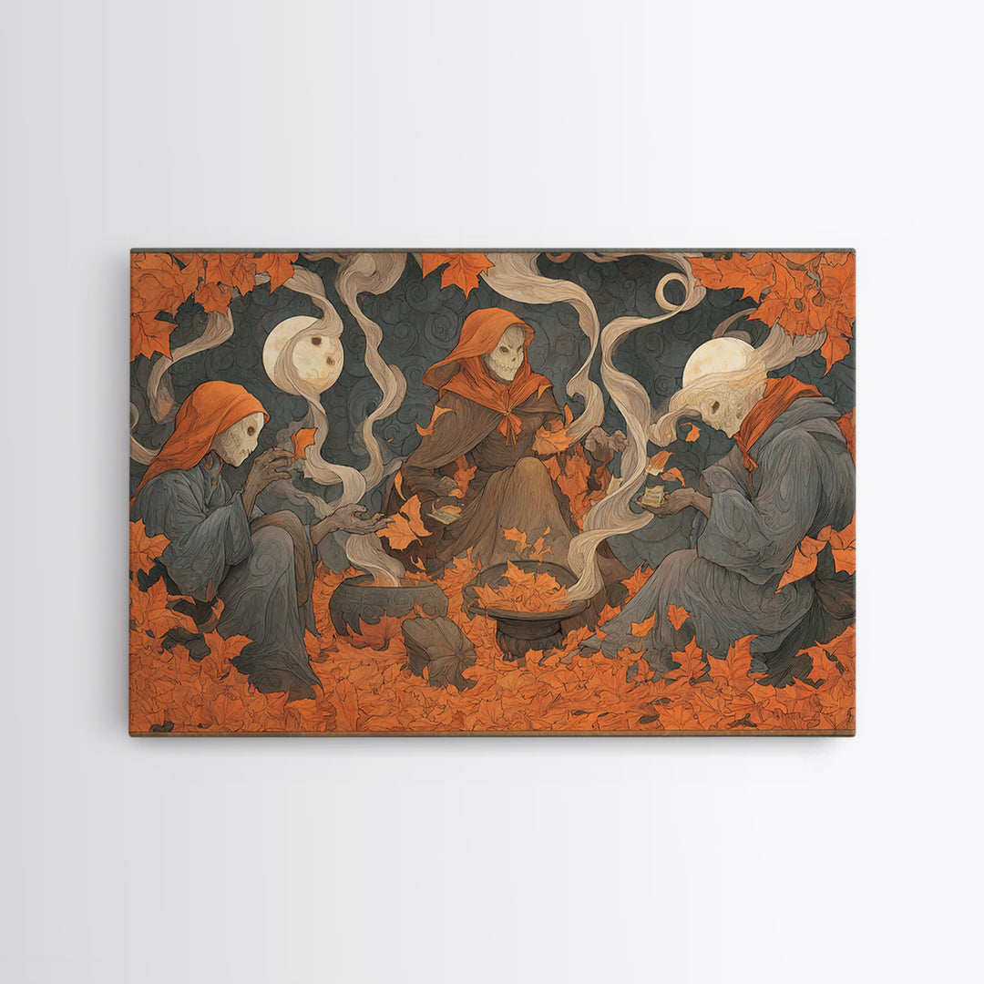 The Harvest Moon Tarot Reader - Procession Scene, Halloween Wall Art, Landscape Wall Art, Framed Canvas Print, Halloween Home Decor