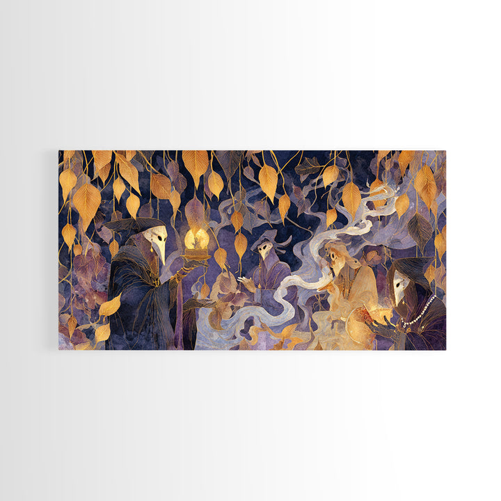 The Harvest Moon Tarot Reader - Procession Scene, Dark Fantasy Wall Art, Wide Panoramic Art, Canvas Print, Halloween Home Decor