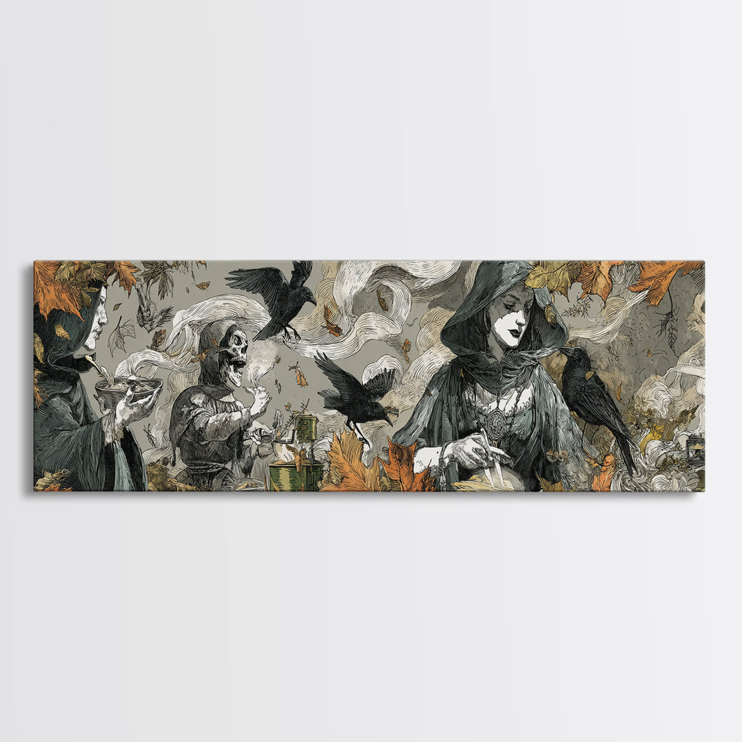 The Harvest Moon Tarot Reader - Procession Scene, Gothic Home Decor, Extra Wide Wall Art, Canvas Print, Halloween Home Decor