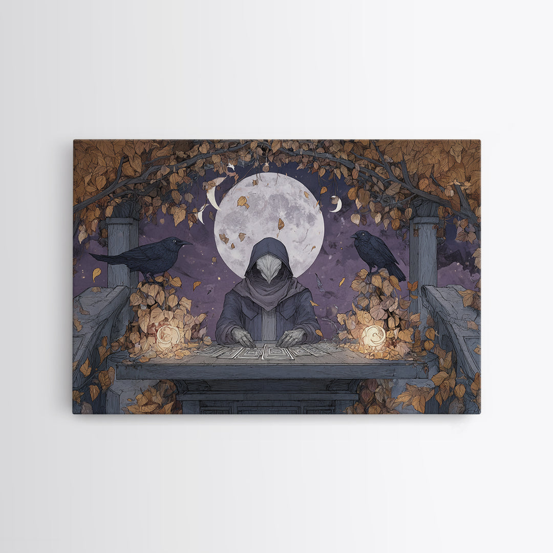 The Harvest Moon Tarot Reader - Surreal Celestial Vision, Occult Wall Decor, Landscape Wall Art, Canvas Print, Halloween Home Decor