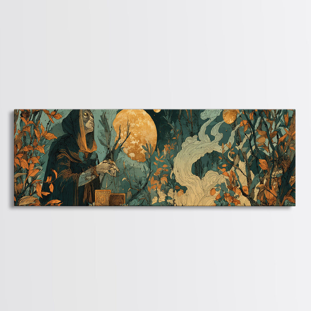 The Harvest Moon Tarot Reader - Surreal Celestial Vision, Occult Wall Decor, Extra Wide Wall Art, Canvas Print, Halloween Home Decor