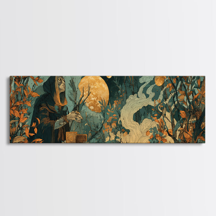 The Harvest Moon Tarot Reader - Surreal Celestial Vision, Occult Wall Decor, Extra Wide Wall Art, Canvas Print, Halloween Home Decor