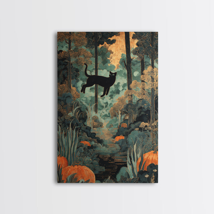 The Black Cat Constellation - Icon Portrait, Macabre Halloween Art, Vertical Wall Art, Framed Canvas Print, Halloween Home Decor