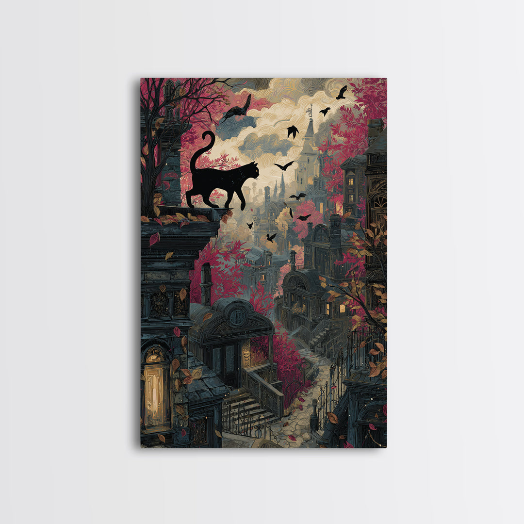 The Black Cat Constellation - Environmental Panorama, Macabre Halloween Art, Vertical Wall Art, Framed Canvas Print, Halloween Home Decor