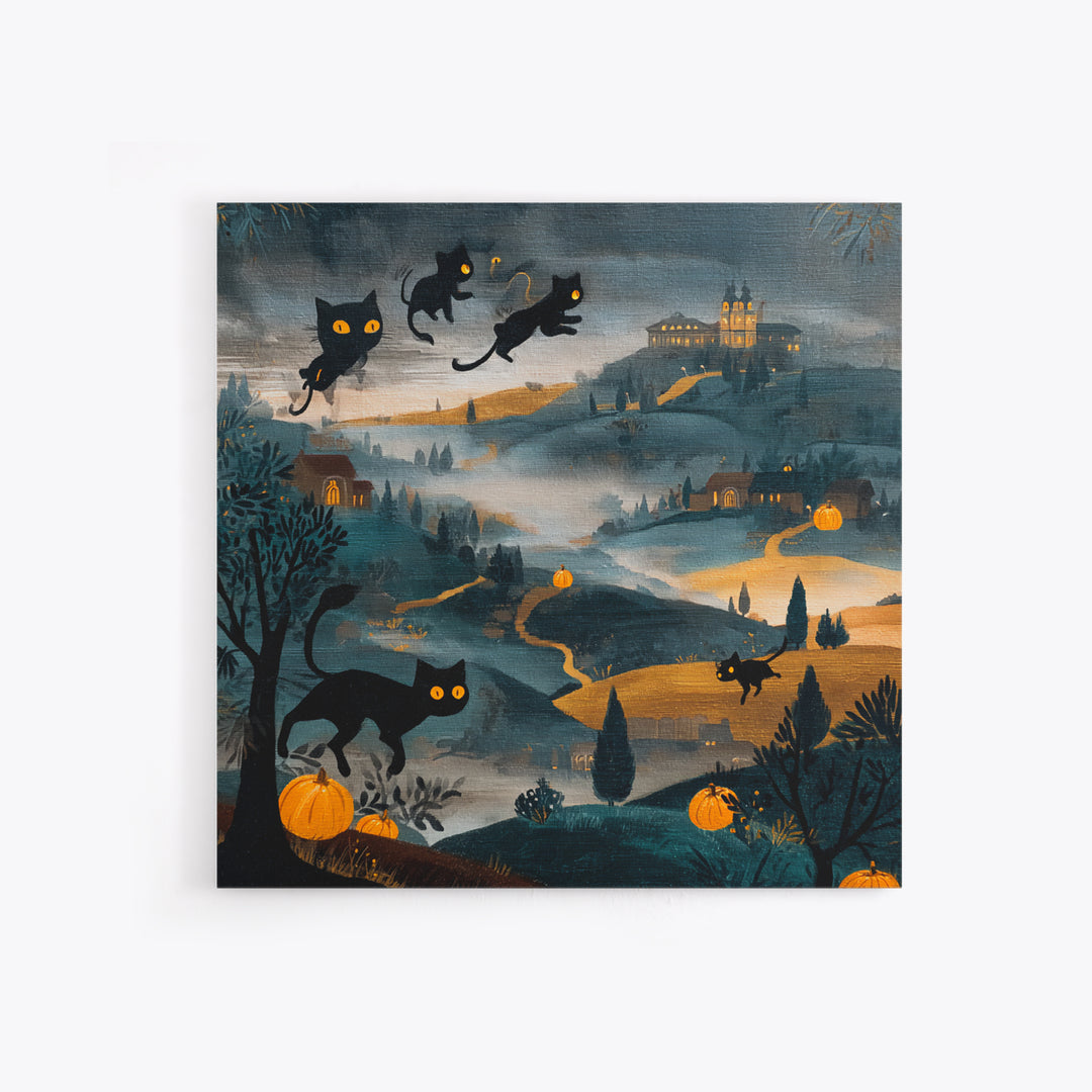 The Black Cat Constellation - Environmental Panorama, Halloween Wall Art, Square Wall Art, Framed Canvas Print, Halloween Home Decor