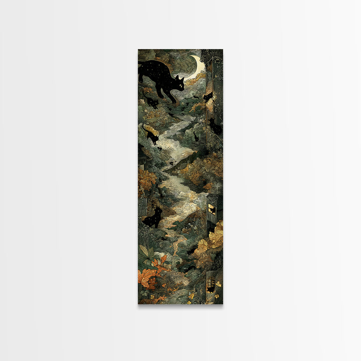 The Black Cat Constellation - Environmental Panorama, Macabre Halloween Art, Tall Narrow Wall Art, Framed Canvas Print, Halloween Home Decor