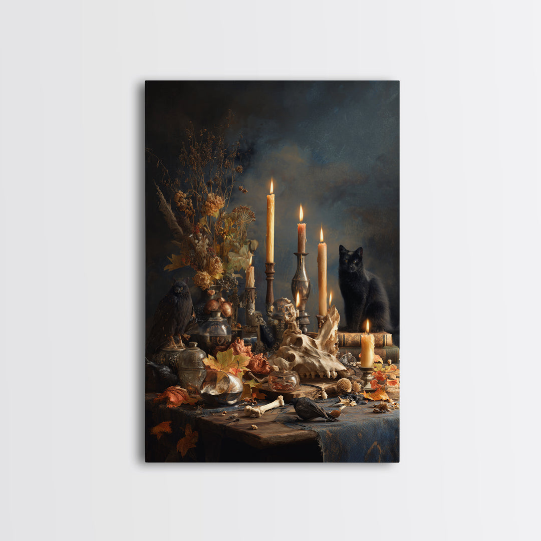 The Black Cat Constellation - Occult Still Life, Spooky Wall Decor, Vertical Wall Art, Framed Canvas Print, Halloween Home Decor