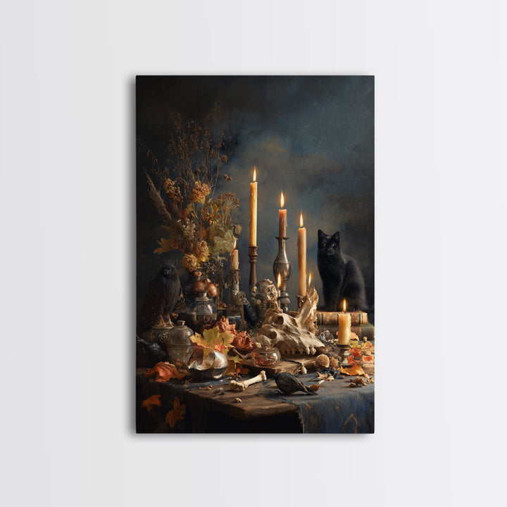 The Black Cat Constellation - Occult Still Life, Spooky Wall Decor, Vertical Wall Art, Framed Canvas Print, Halloween Home Decor