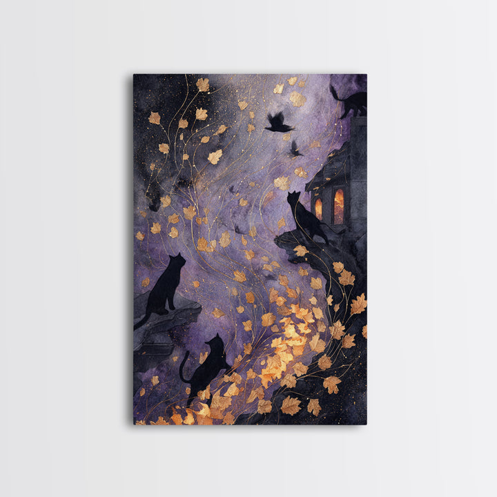 The Black Cat Constellation - Procession Scene, Halloween Wall Art, Vertical Wall Art, Framed Canvas Print, Halloween Home Decor