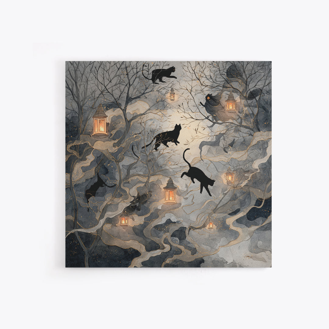 The Black Cat Constellation - Procession Scene, Macabre Halloween Art, Square Wall Art, Framed Canvas Print, Halloween Home Decor